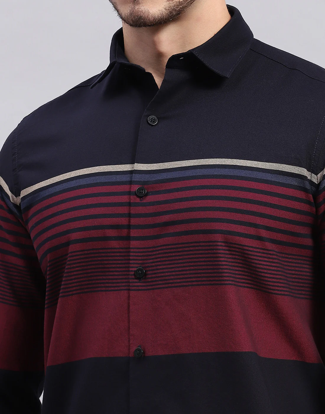 Men Navy Blue Stripe Collar Full Sleeve Shirt - Image 6