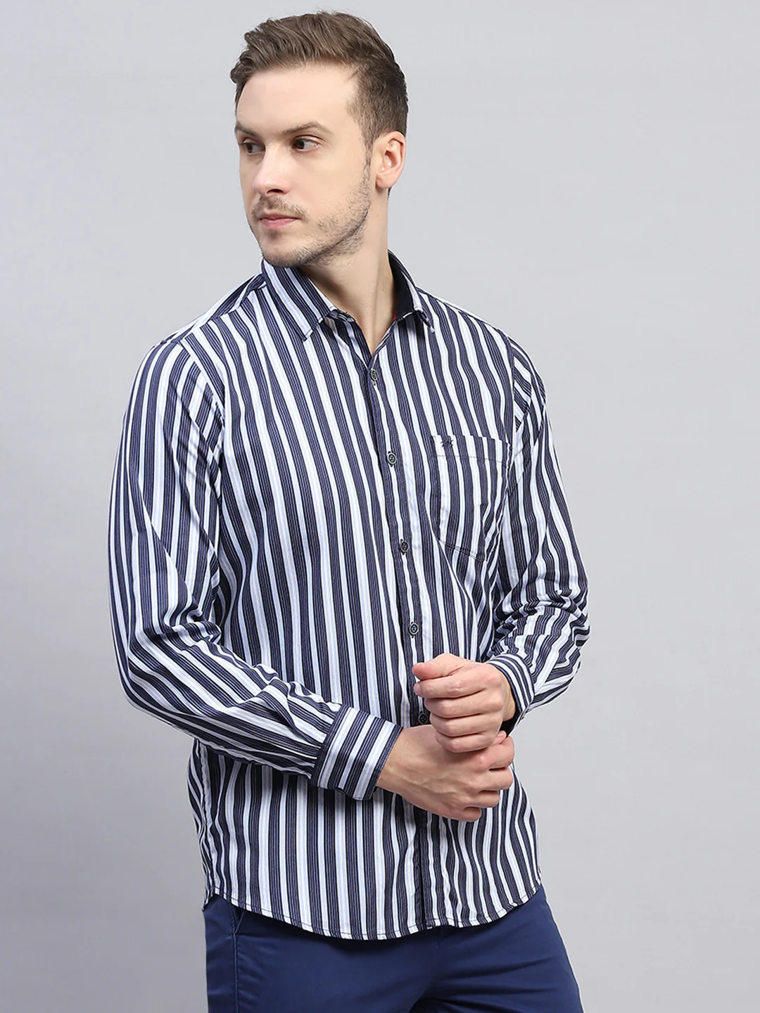 Men Navy Blue Stripe Collar Full Sleeve Shirt - Image 4