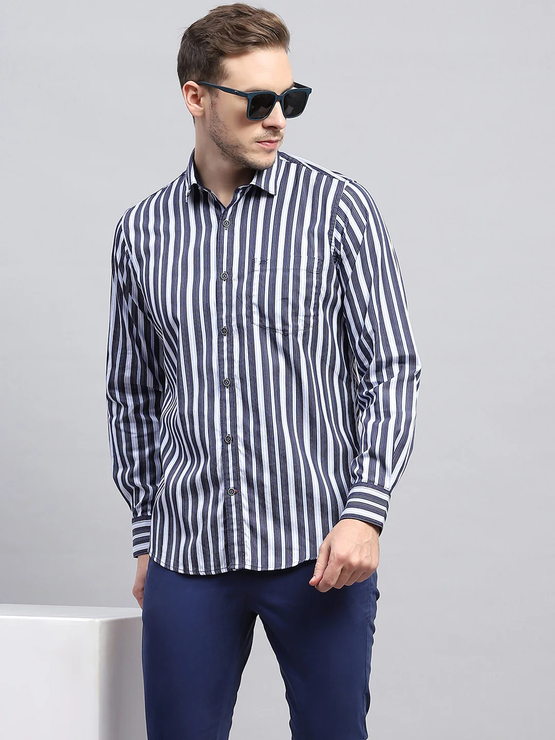 Men Navy Blue Stripe Collar Full Sleeve Shirt - Image 6