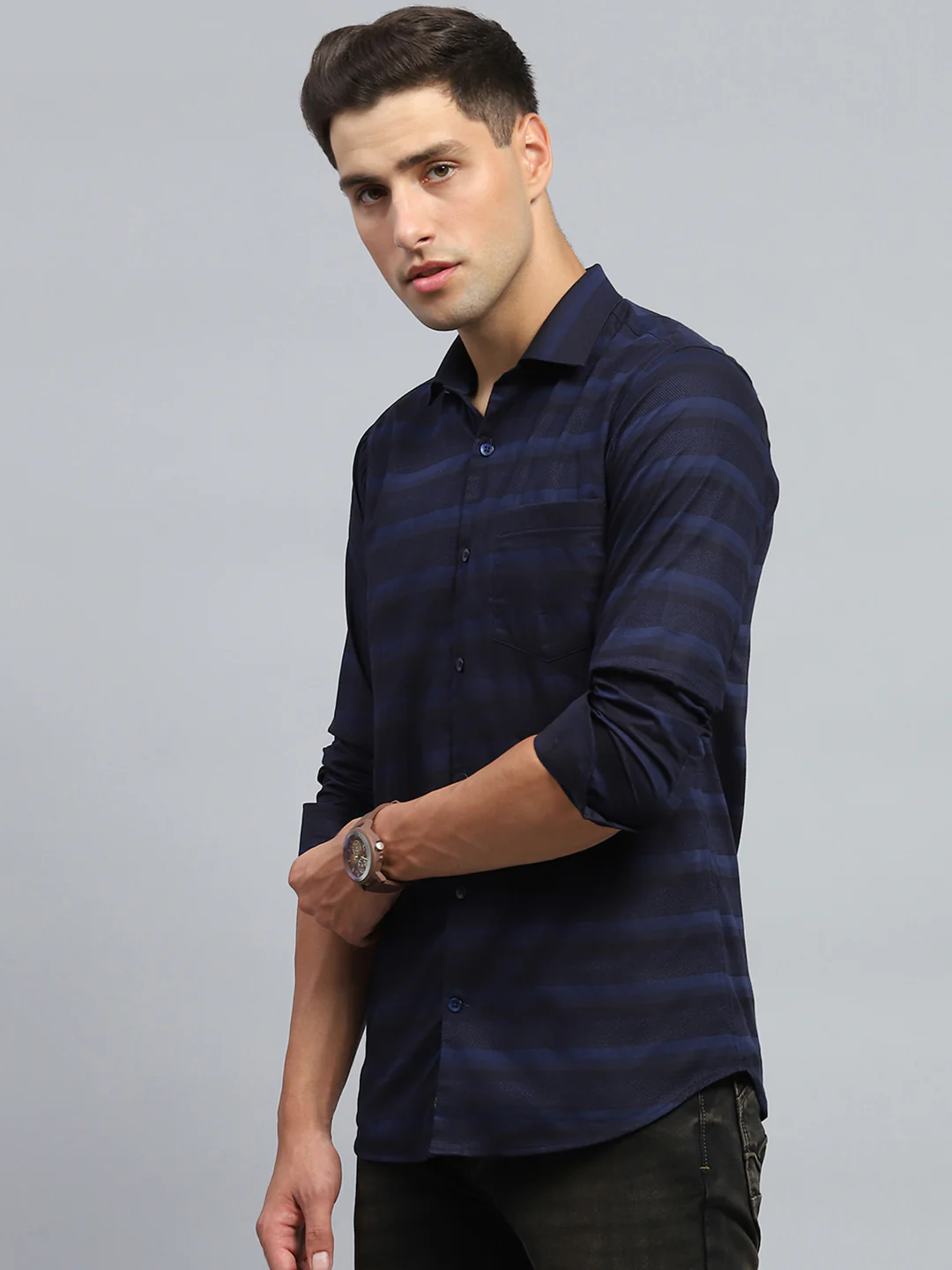 Men Navy Blue Stripe Collar Full Sleeve Shirt - Image 3