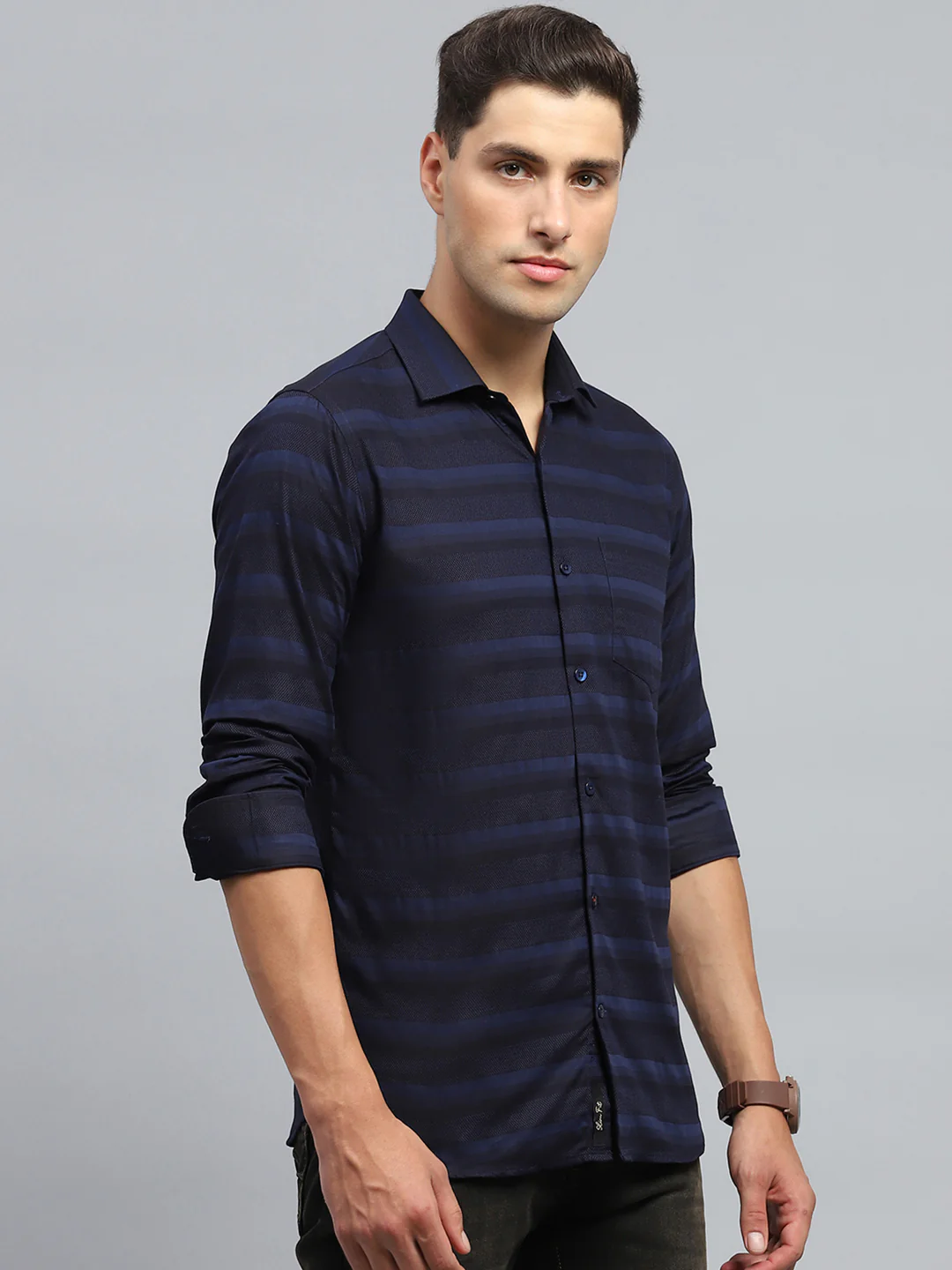 Men Navy Blue Stripe Collar Full Sleeve Shirt - Image 4