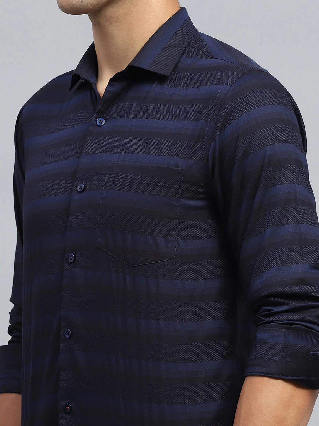 Men Navy Blue Stripe Collar Full Sleeve Shirt - Image 6