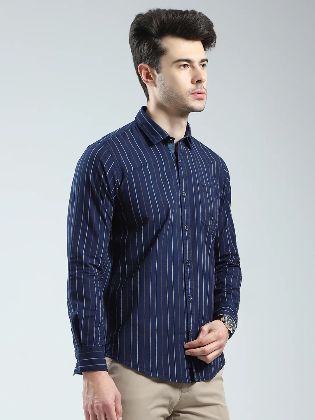 Men Navy Blue Stripe Collar Full Sleeve Shirt - Image 4