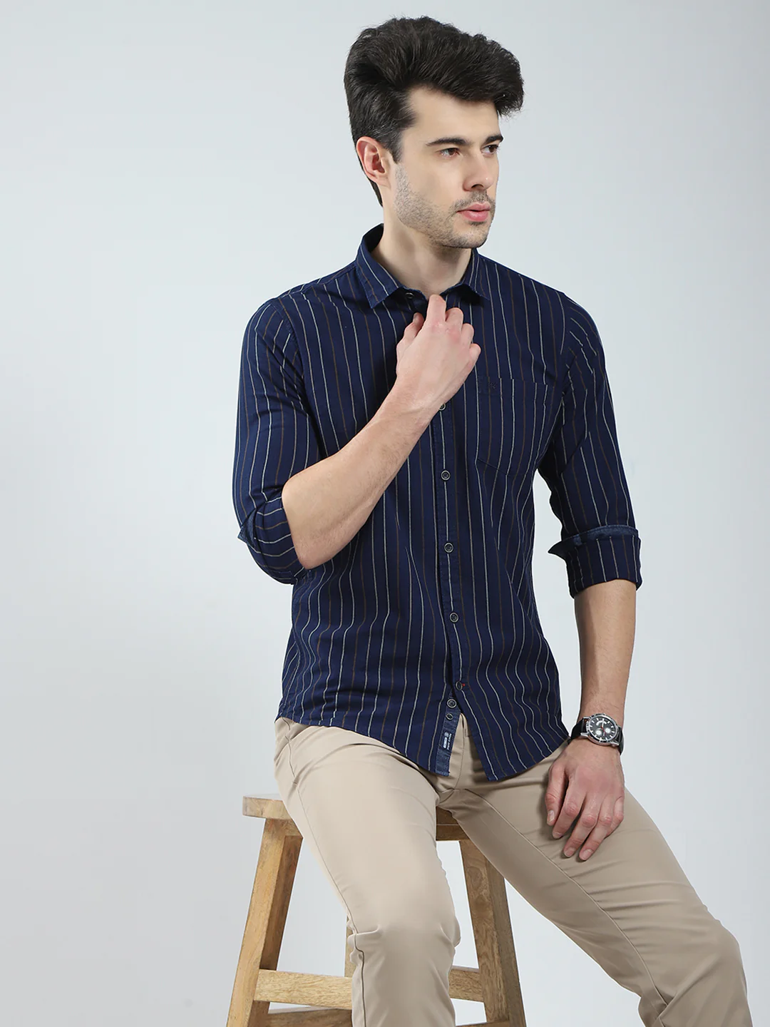 Men Navy Blue Stripe Collar Full Sleeve Shirt - Image 6