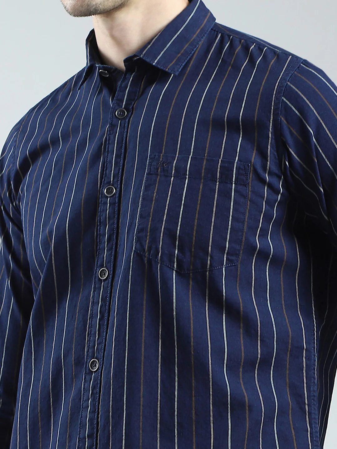 Men Navy Blue Stripe Collar Full Sleeve Shirt - Image 7