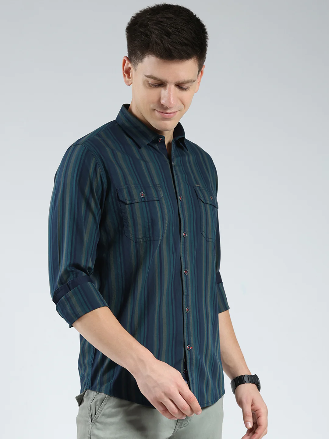 Men Navy Blue Stripe Collar Full Sleeve Shirt - Image 4