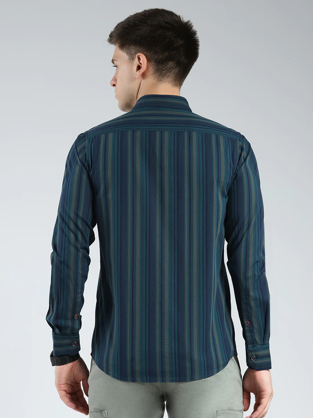 Men Navy Blue Stripe Collar Full Sleeve Shirt - Image 5