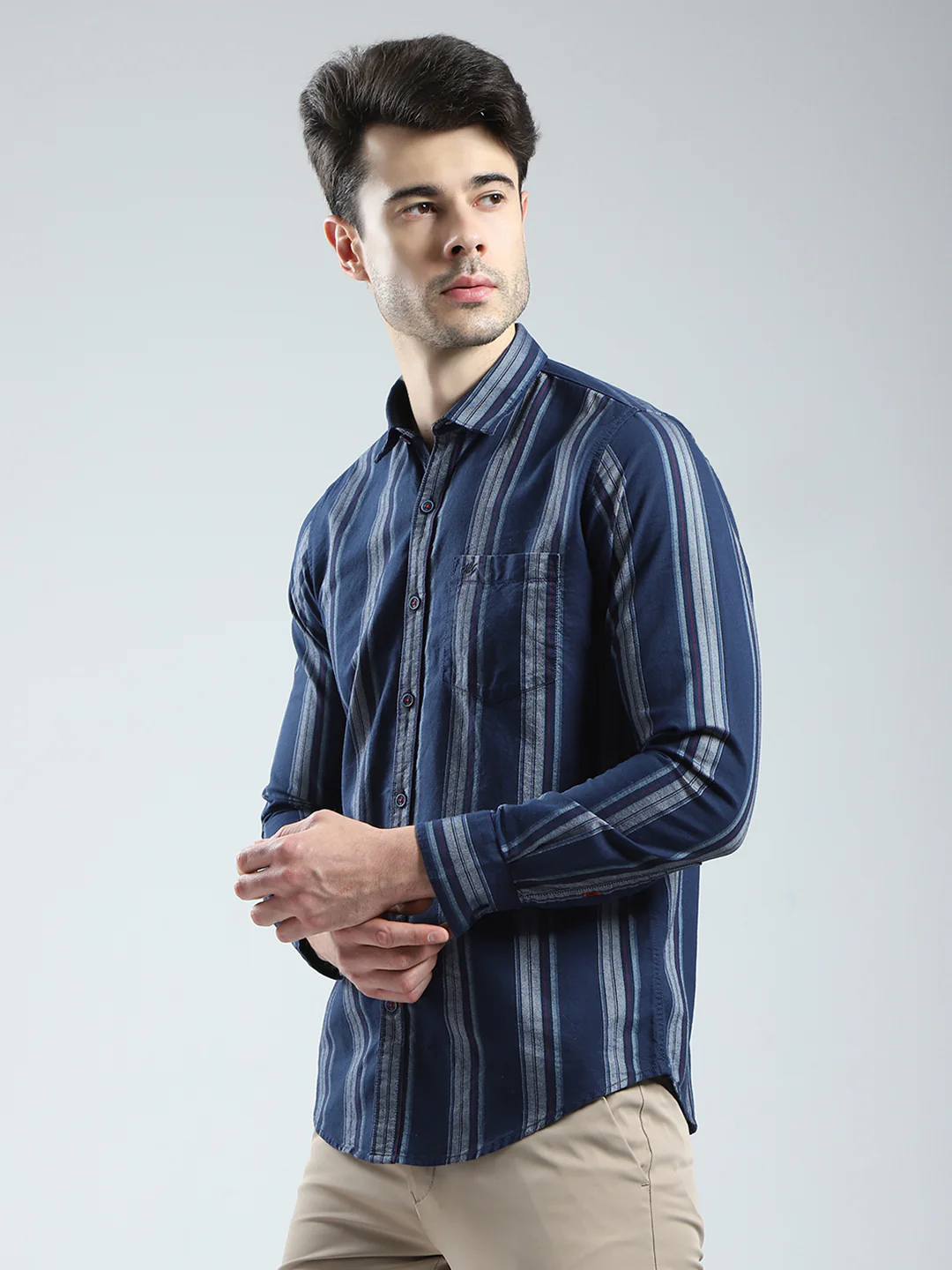 Men Navy Blue Stripe Collar Full Sleeve Shirt - Image 3