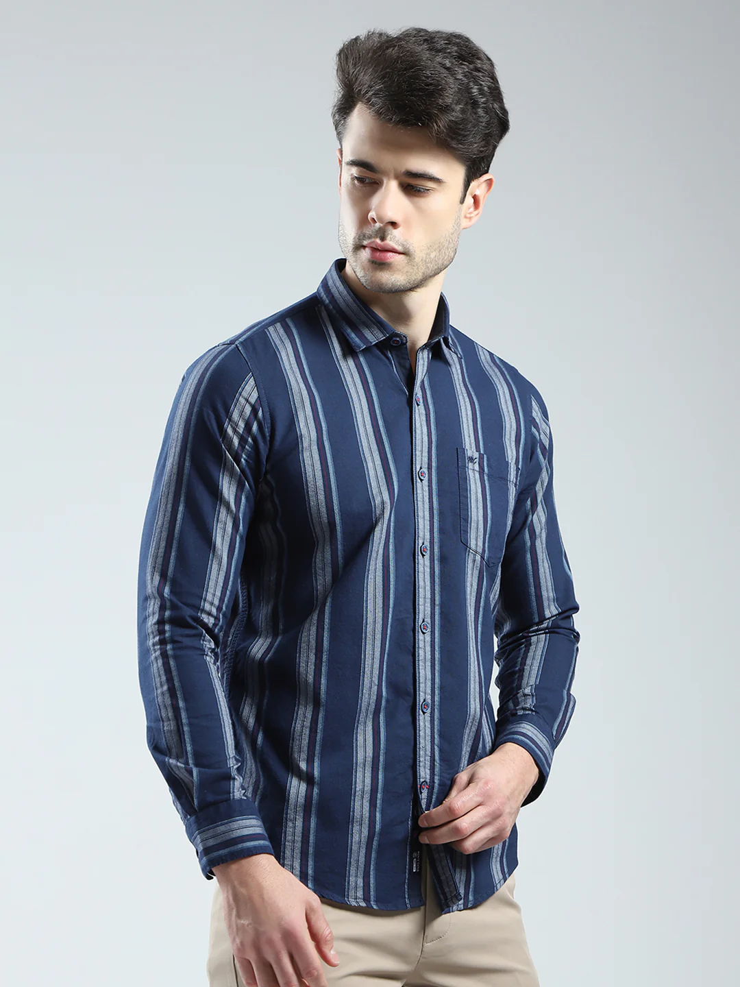 Men Navy Blue Stripe Collar Full Sleeve Shirt - Image 4