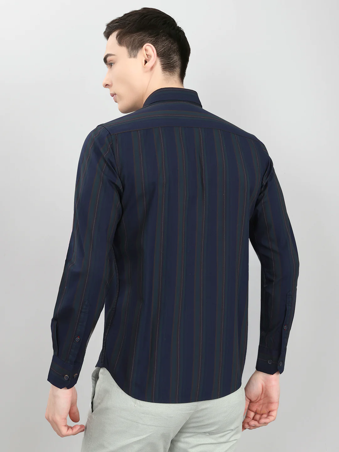 Men Navy Blue Stripe Collar Full Sleeve Shirt - Image 5