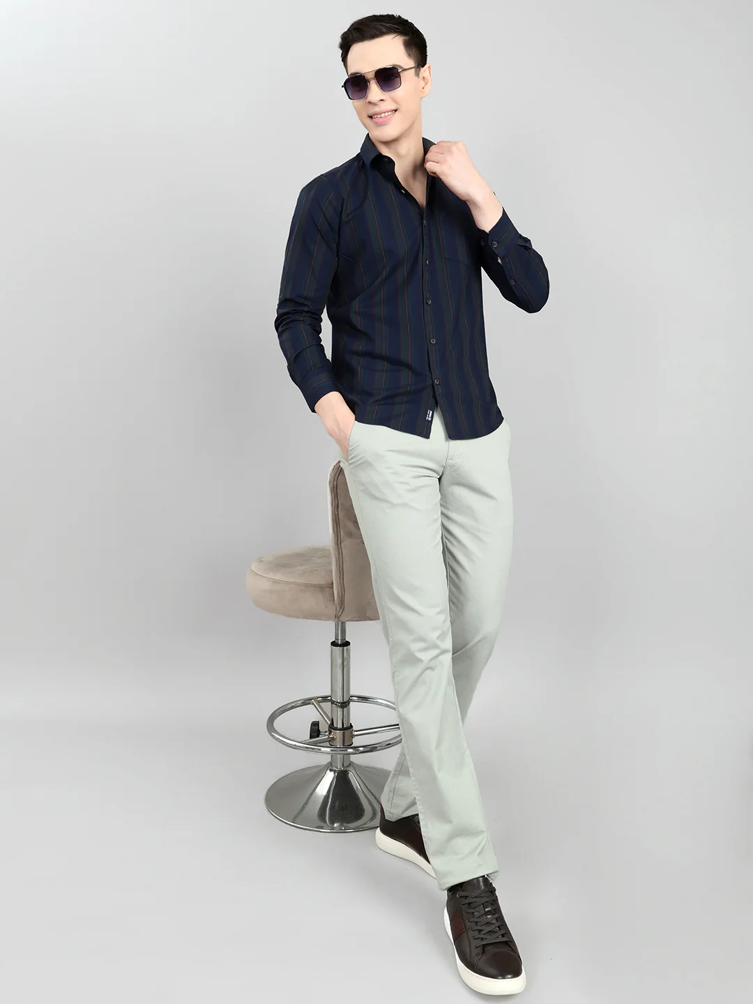 Men Navy Blue Stripe Collar Full Sleeve Shirt - Image 6