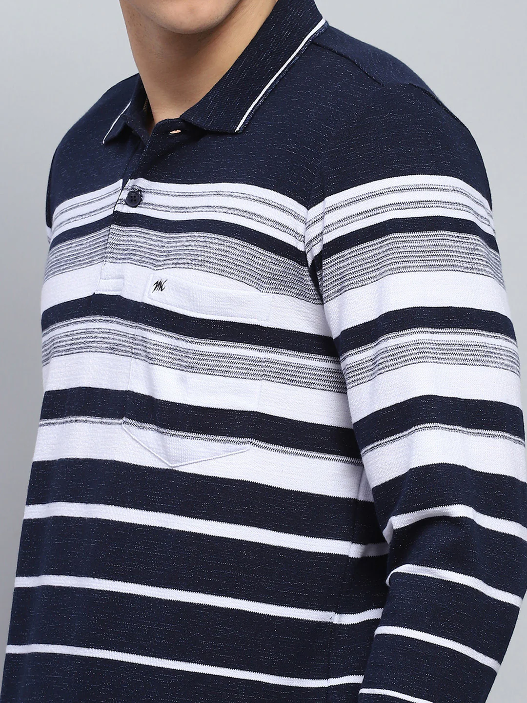 Men Navy Blue Stripe Collar Full Sleeve Winter T-Shirt - Image 6