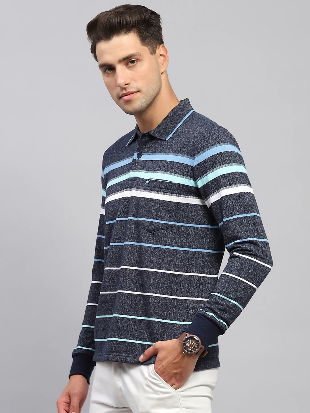 Men Navy Blue Stripe Collar Full Sleeve Winter T-Shirt - Image 3