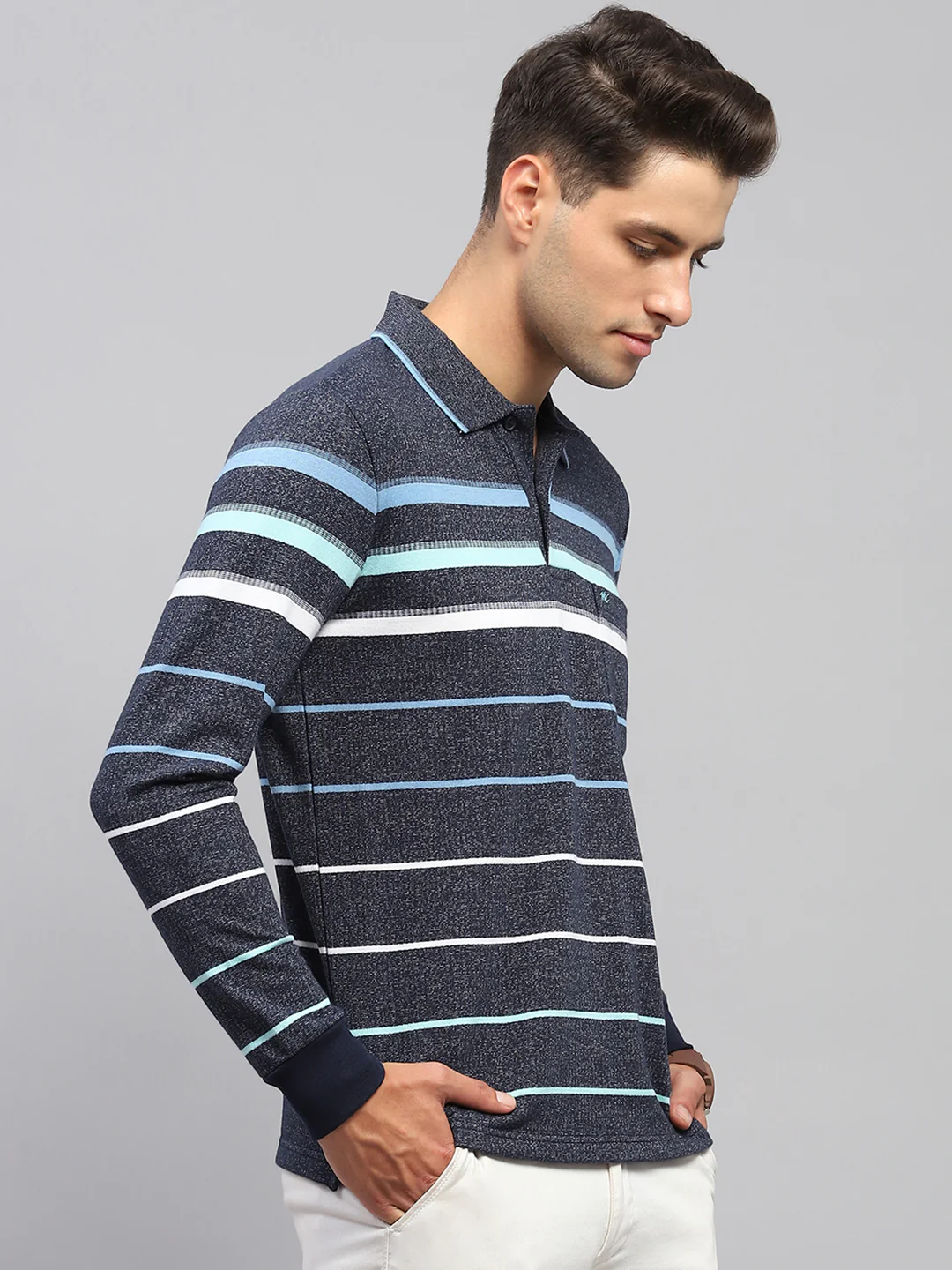 Men Navy Blue Stripe Collar Full Sleeve Winter T-Shirt - Image 4