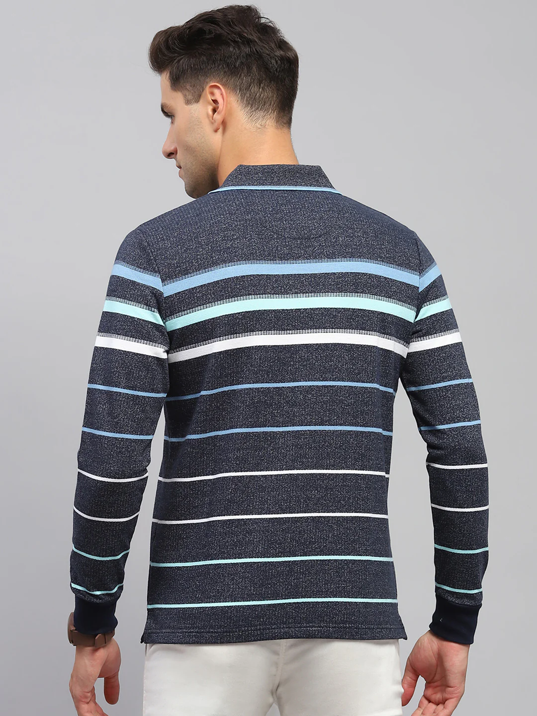 Men Navy Blue Stripe Collar Full Sleeve Winter T-Shirt - Image 5
