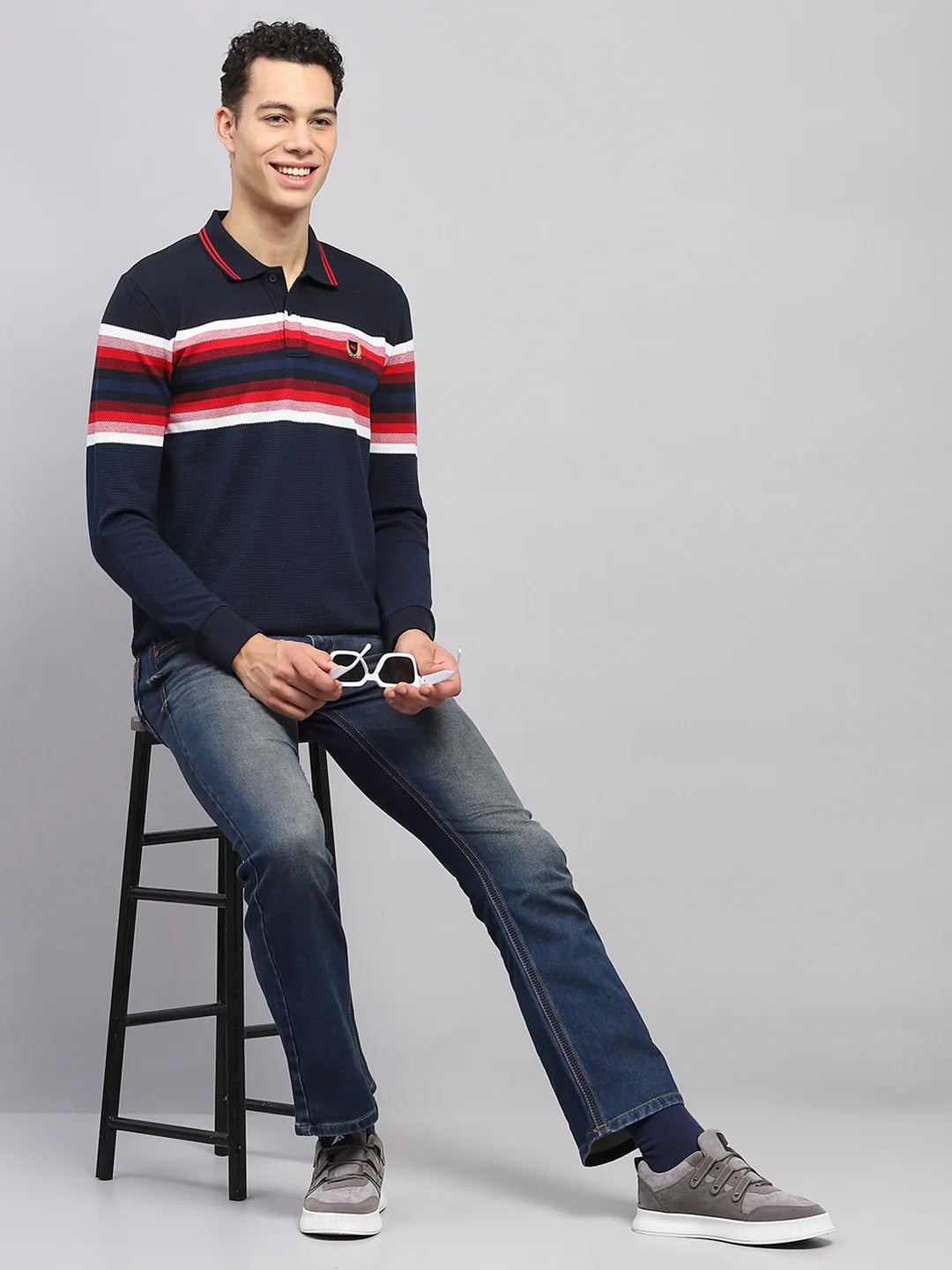 Men Navy Blue Stripe Collar Full Sleeve Winter T-Shirt - Image 2