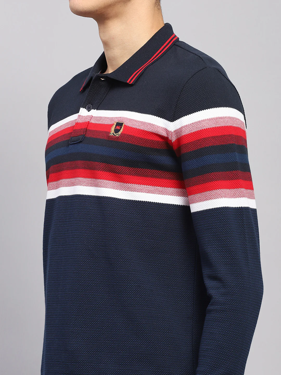 Men Navy Blue Stripe Collar Full Sleeve Winter T-Shirt - Image 6