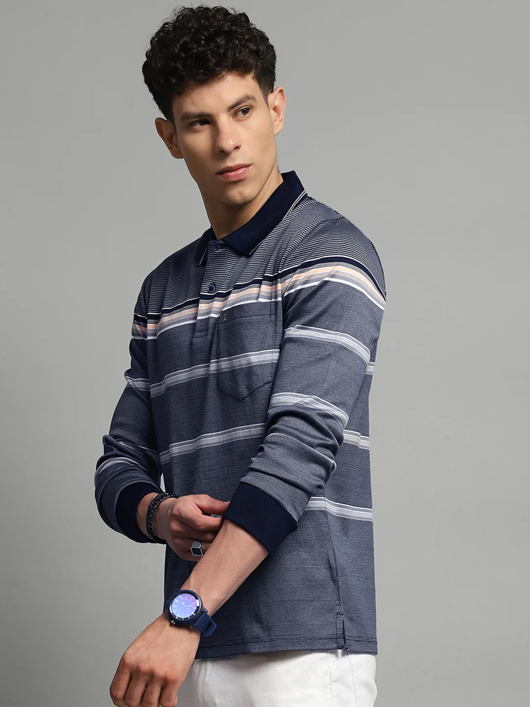 Luxuria Men Navy Blue Stripe Collar Full Sleeve Winter T-Shirt - Image 3