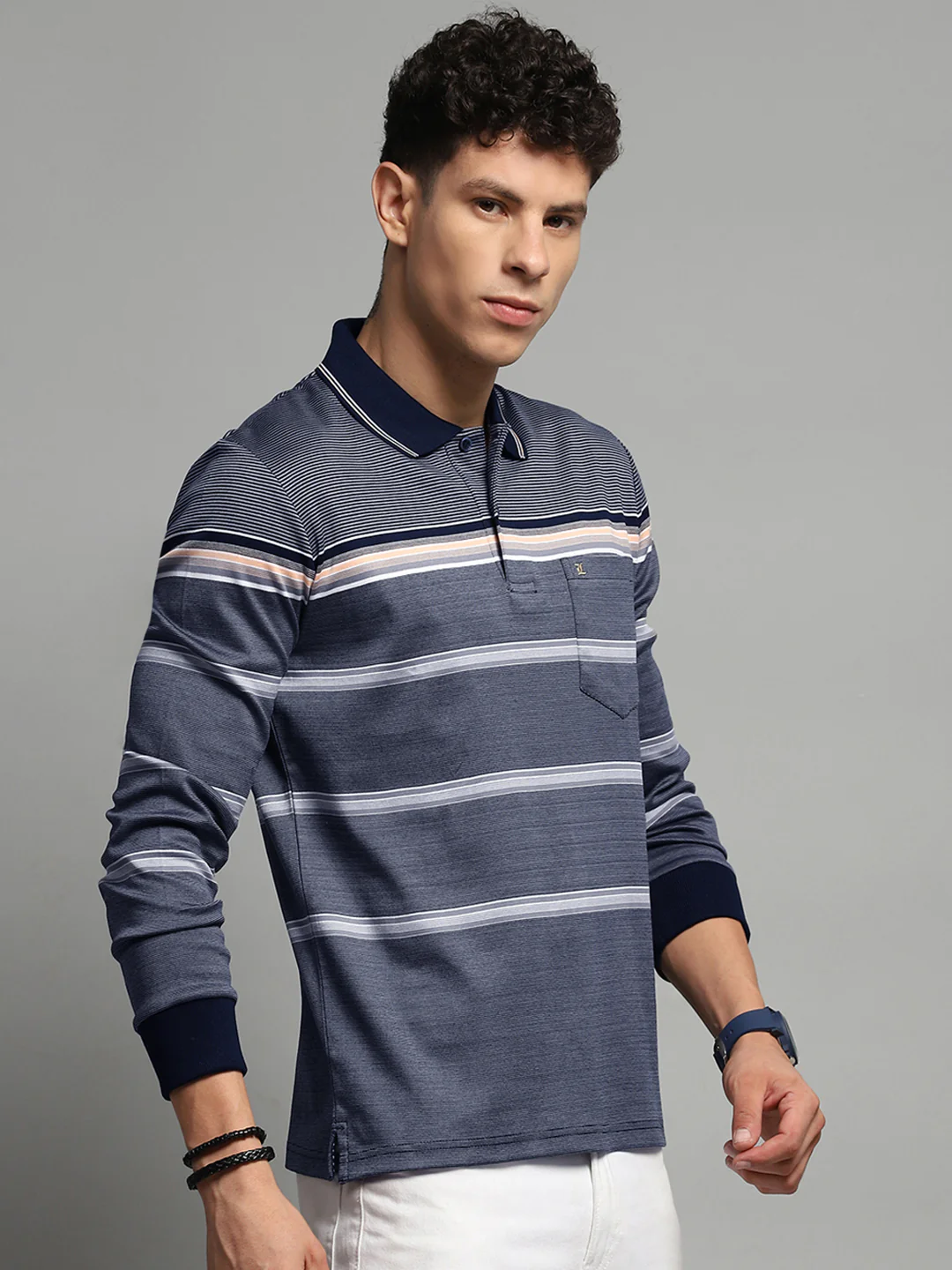 Luxuria Men Navy Blue Stripe Collar Full Sleeve Winter T-Shirt - Image 4