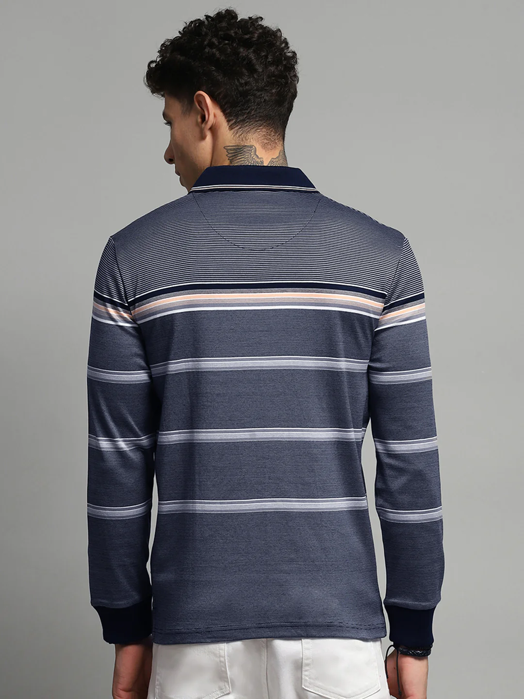Luxuria Men Navy Blue Stripe Collar Full Sleeve Winter T-Shirt - Image 5
