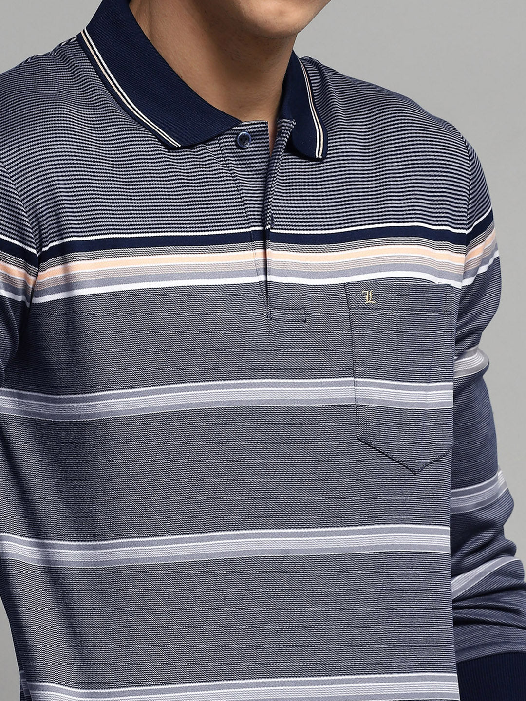 Luxuria Men Navy Blue Stripe Collar Full Sleeve Winter T-Shirt - Image 6