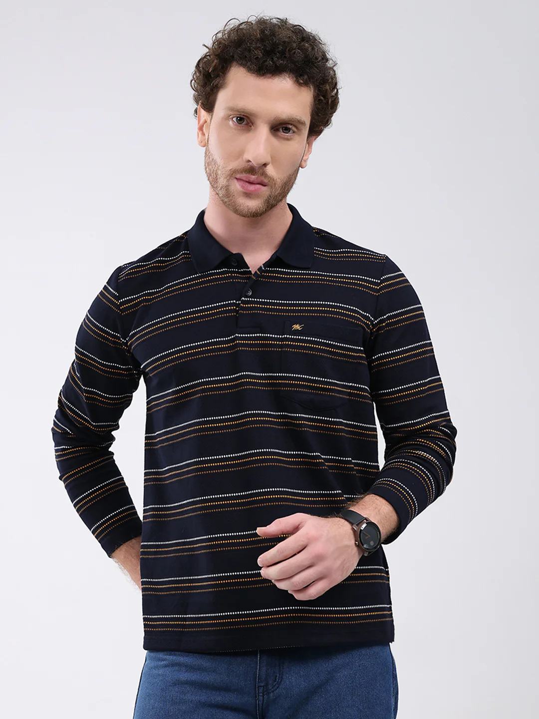Men Navy Blue Stripe Collar Full Sleeve Winter T-Shirt
