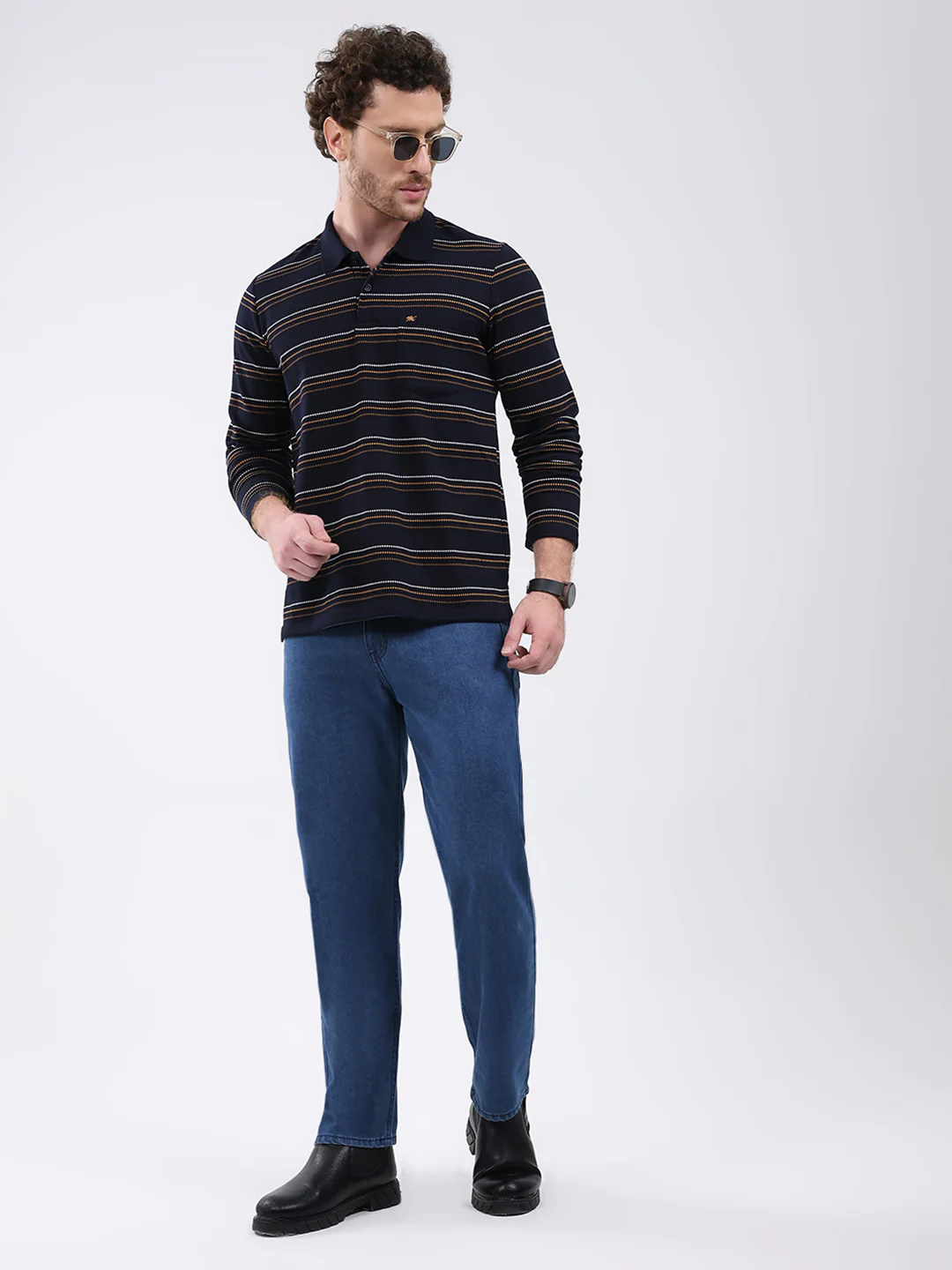Men Navy Blue Stripe Collar Full Sleeve Winter T-Shirt - Image 2