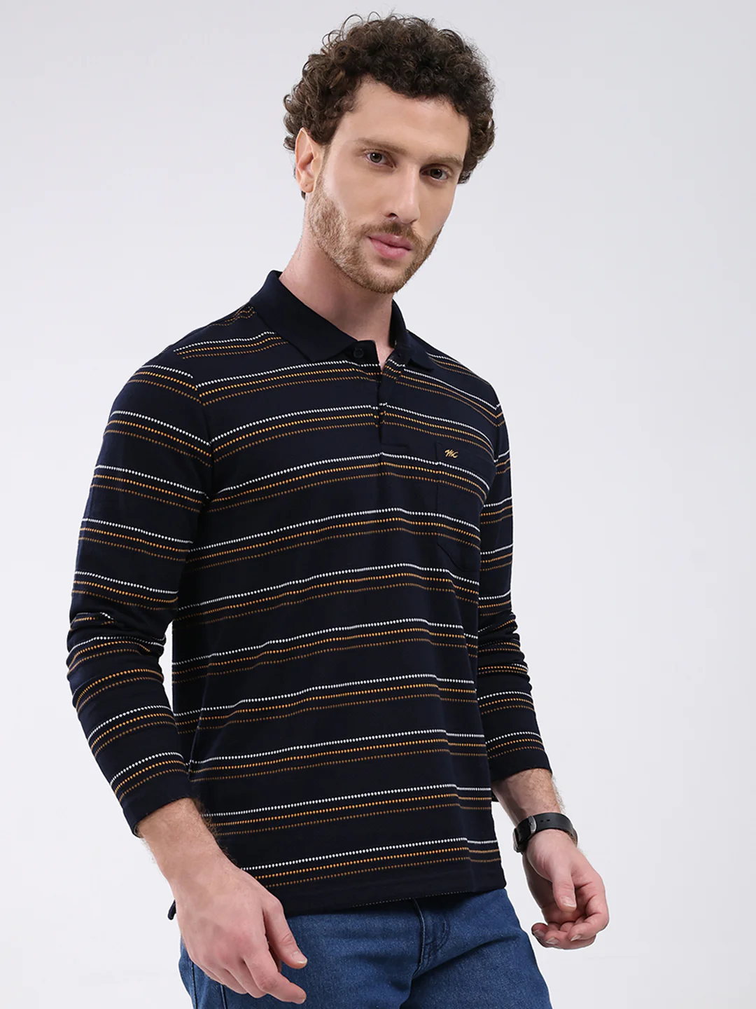 Men Navy Blue Stripe Collar Full Sleeve Winter T-Shirt - Image 4
