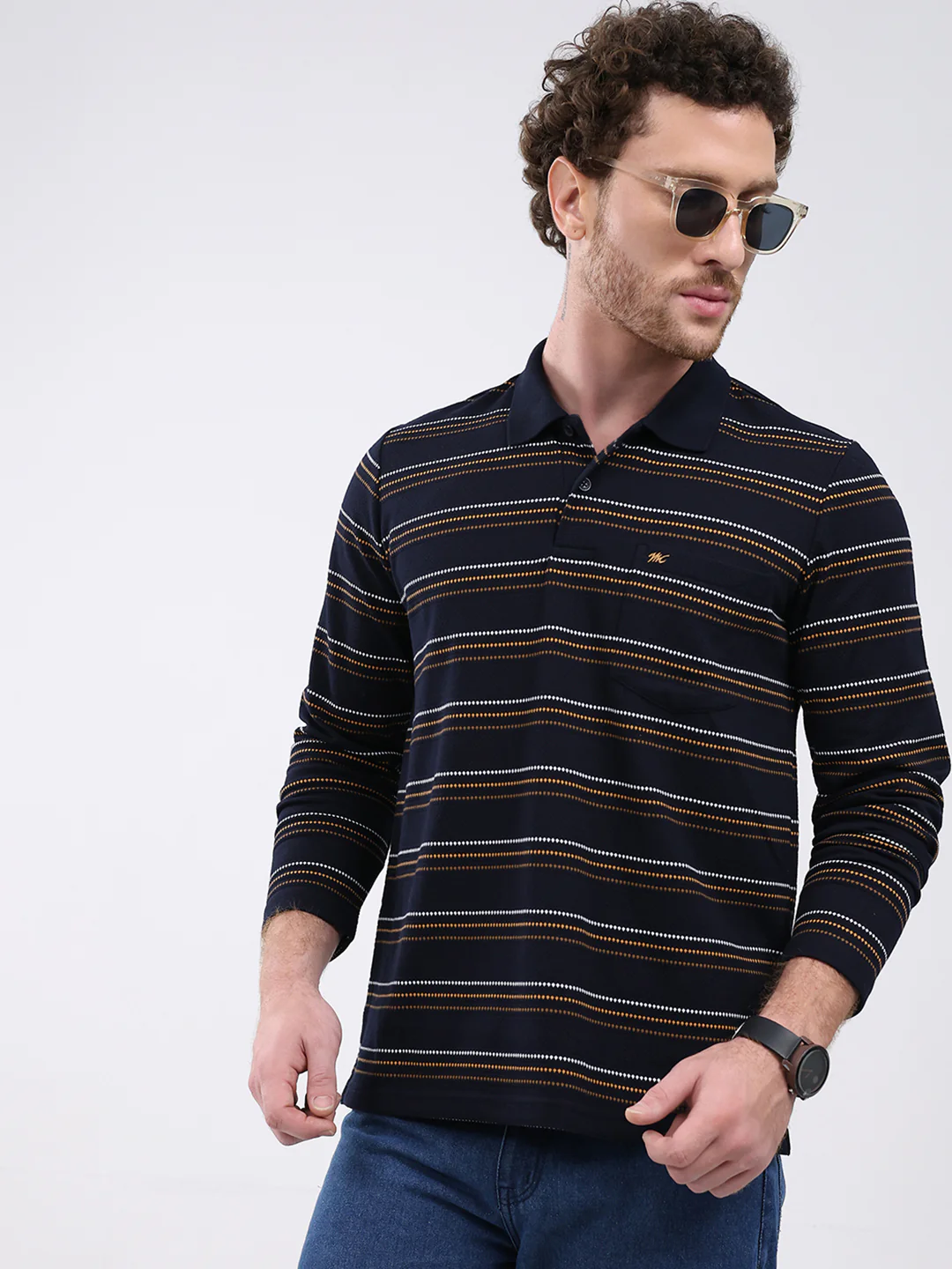 Men Navy Blue Stripe Collar Full Sleeve Winter T-Shirt - Image 6