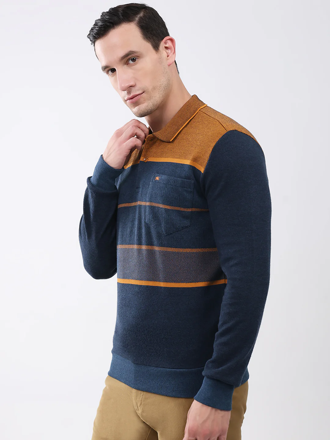 Men Navy Blue Stripe Collar Full Sleeve Winter T-Shirt - Image 3