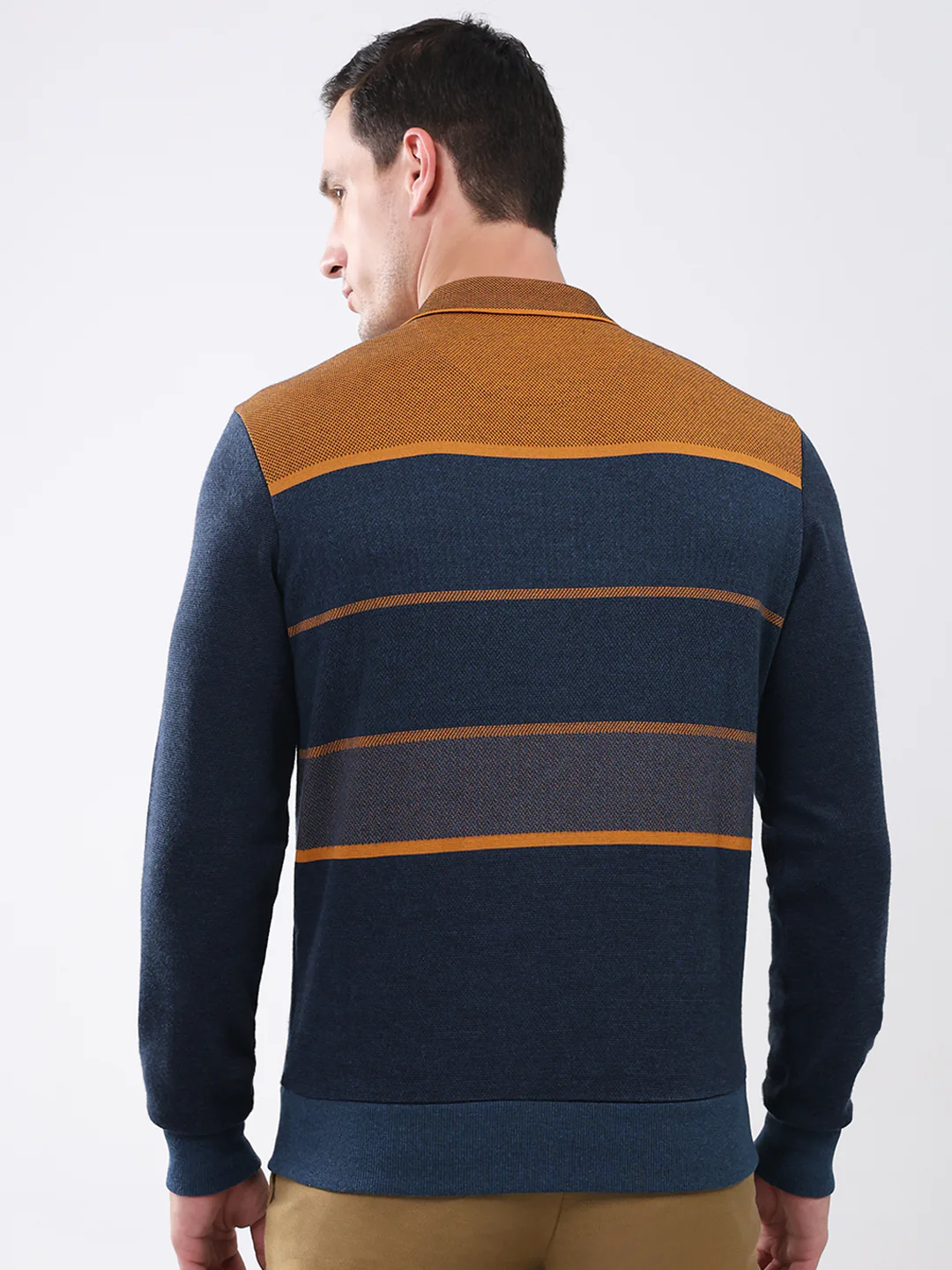 Men Navy Blue Stripe Collar Full Sleeve Winter T-Shirt - Image 5