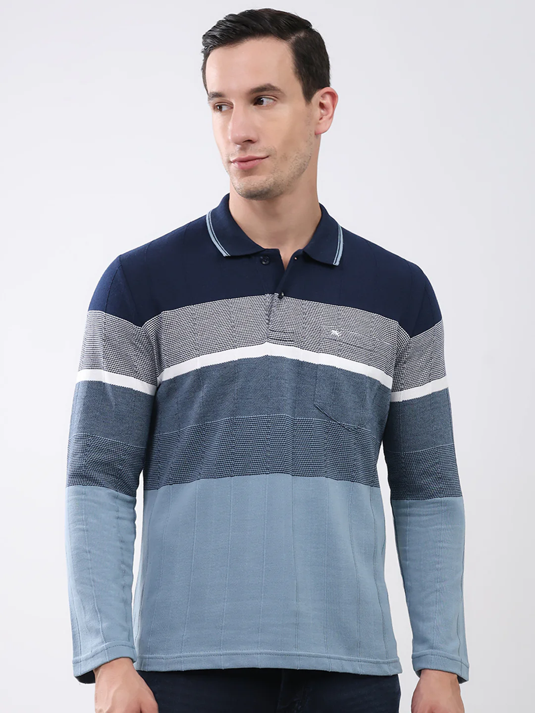 Men Navy Blue Stripe Collar Full Sleeve Winter T-Shirt