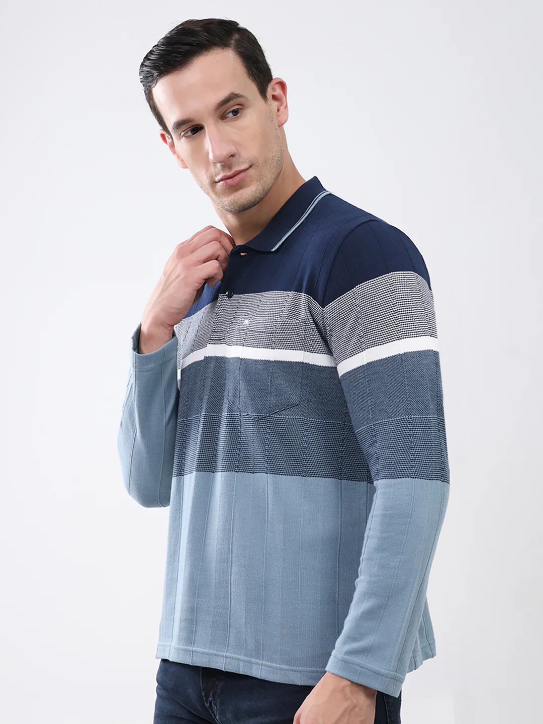 Men Navy Blue Stripe Collar Full Sleeve Winter T-Shirt - Image 3