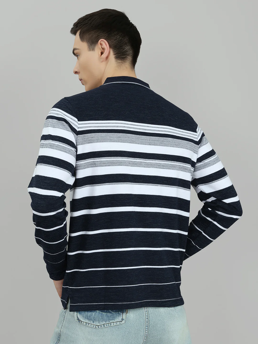 Men Navy Blue Stripe Collar Full Sleeve Winter T-Shirt - Image 4