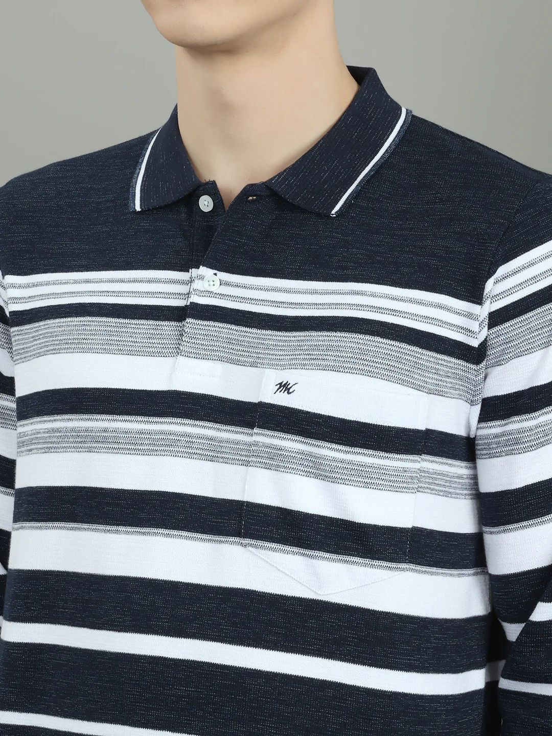 Men Navy Blue Stripe Collar Full Sleeve Winter T-Shirt - Image 5