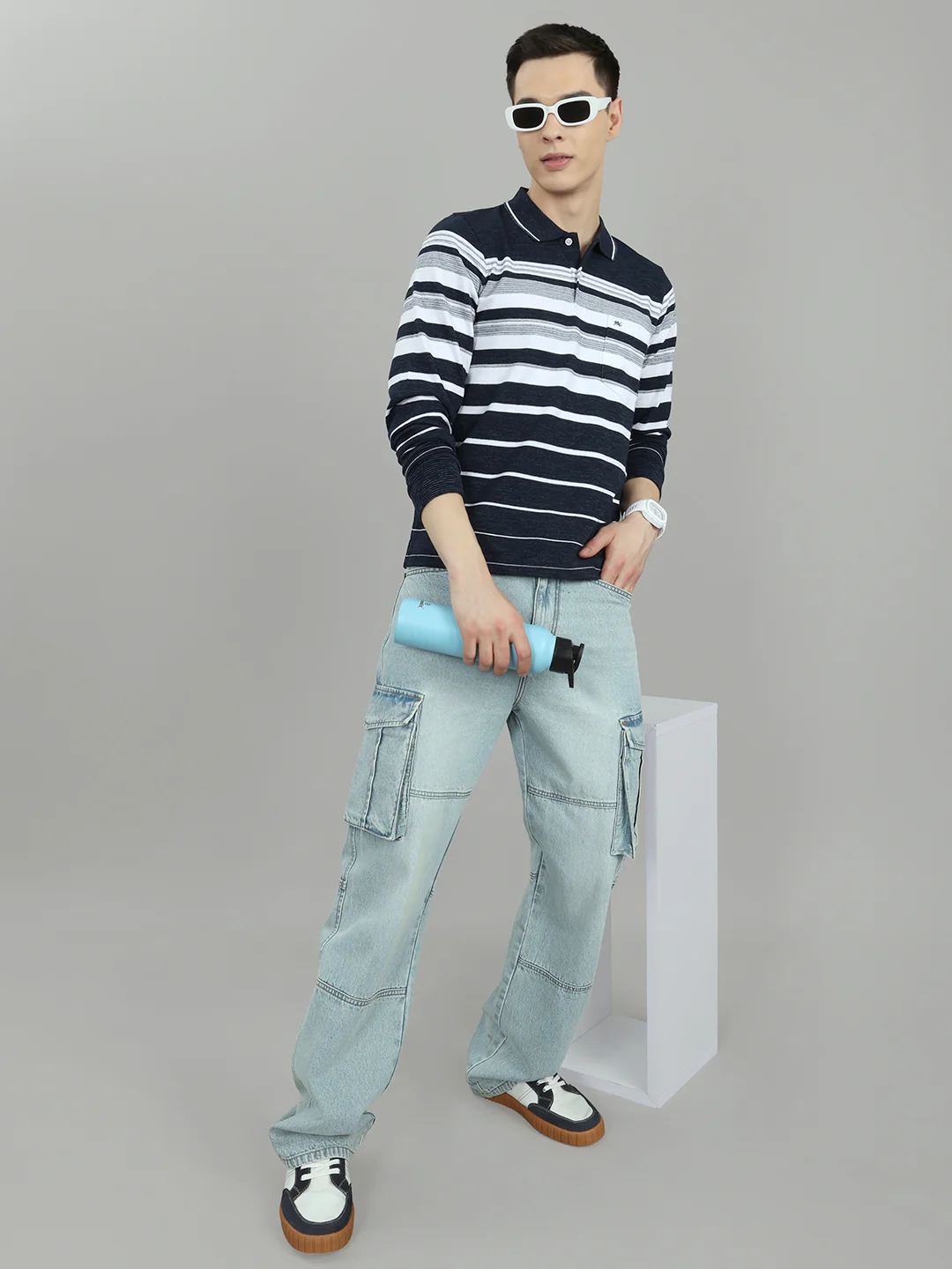Men Navy Blue Stripe Collar Full Sleeve Winter T-Shirt - Image 6