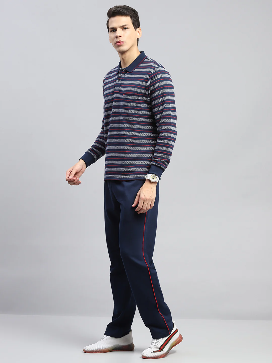 Men Navy Blue Stripe Collar Full Sleeve Winter Tracksuit - Image 3