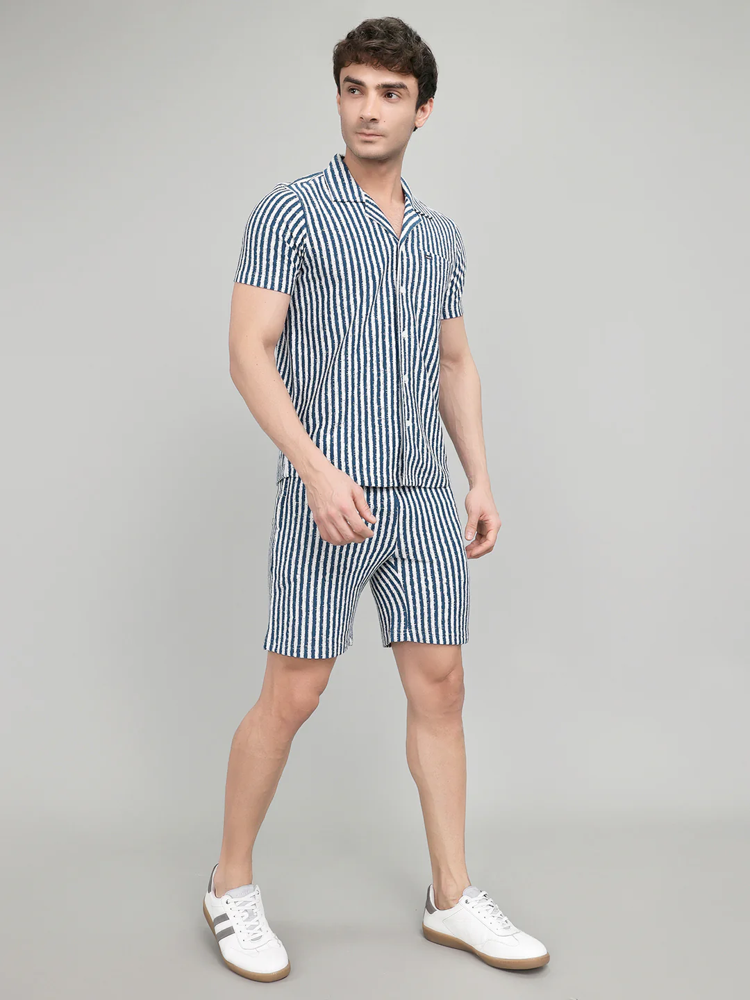 Men Navy Blue Stripe Collar Half Sleeve Bermuda Set - Image 3