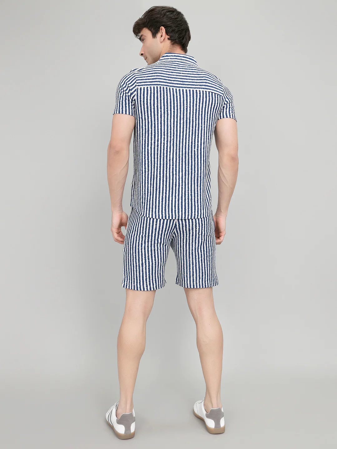 Men Navy Blue Stripe Collar Half Sleeve Bermuda Set - Image 4