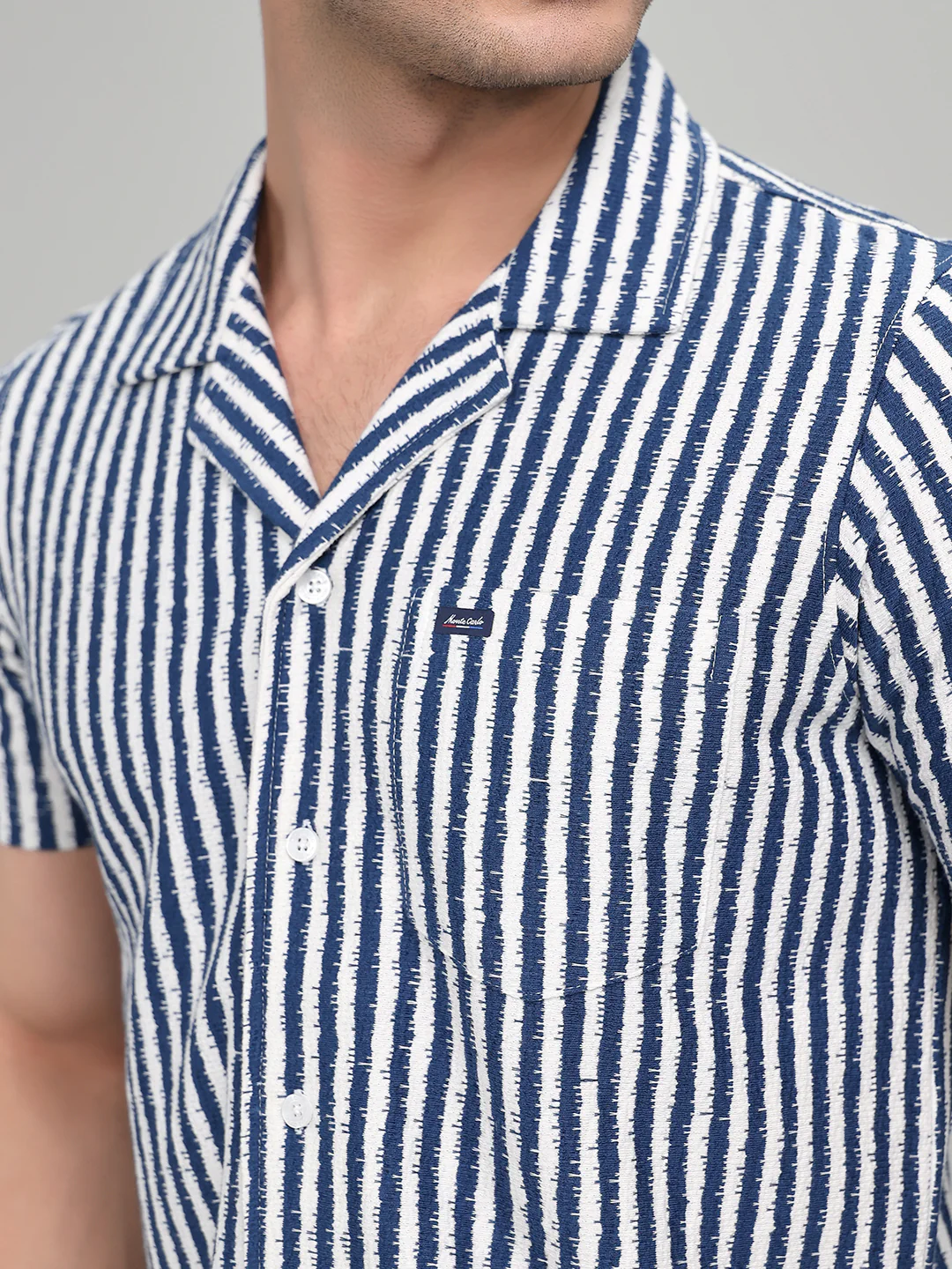 Men Navy Blue Stripe Collar Half Sleeve Bermuda Set - Image 5