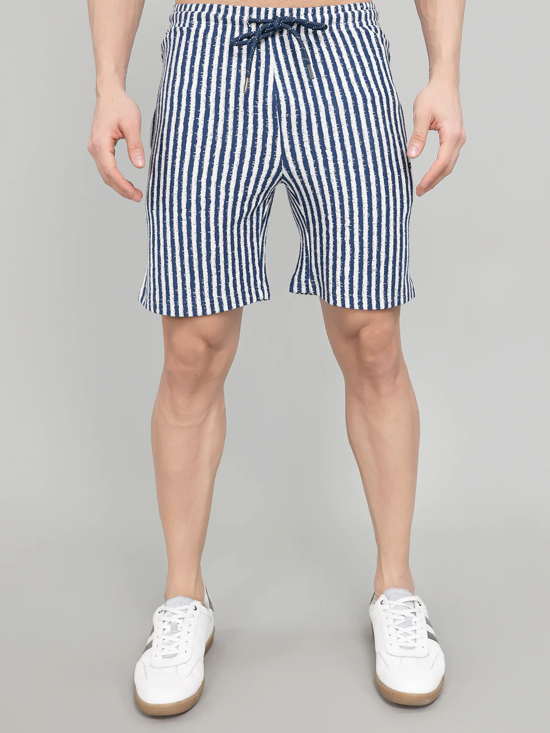 Men Navy Blue Stripe Collar Half Sleeve Bermuda Set - Image 7