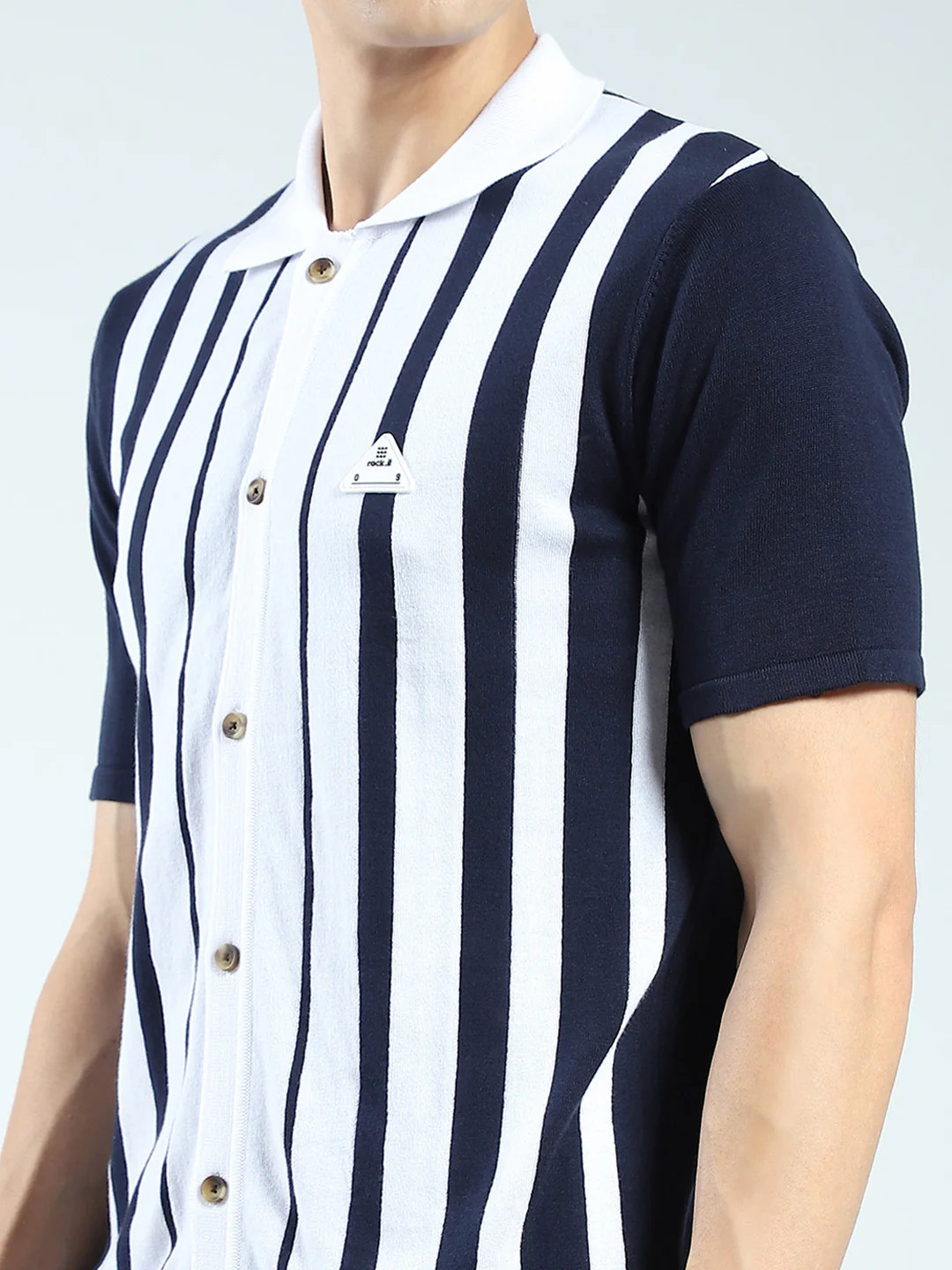 Rock.it Men Navy Blue Stripe Collar Half Sleeve Shirt - Image 7