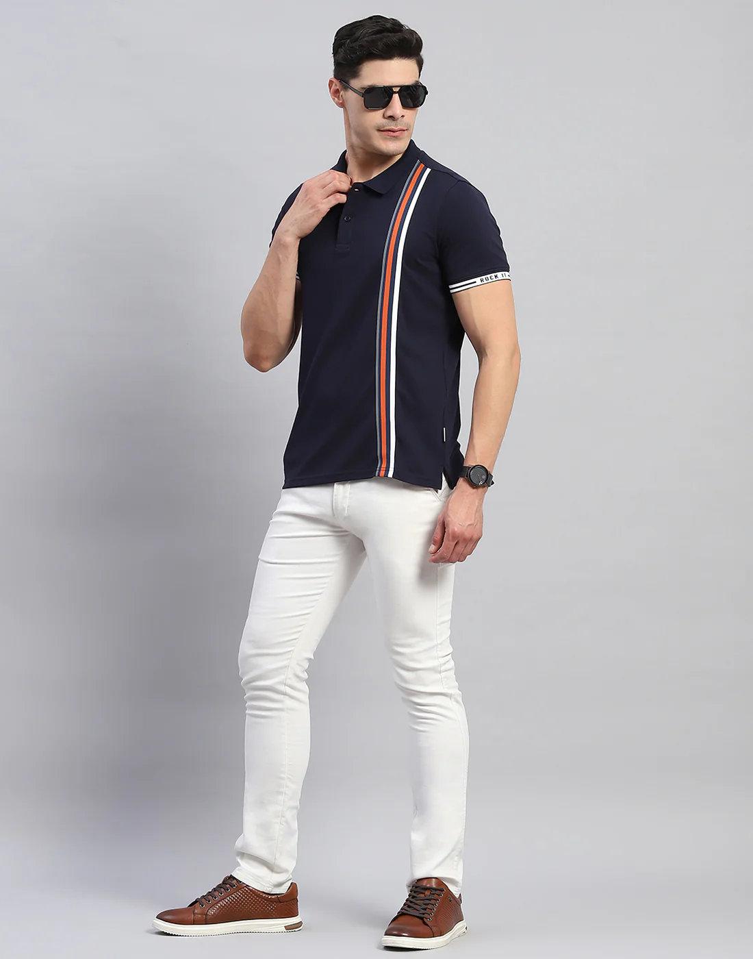 Rock.it Men Navy Blue Stripe Collar Half Sleeve T-Shirt - Image 2