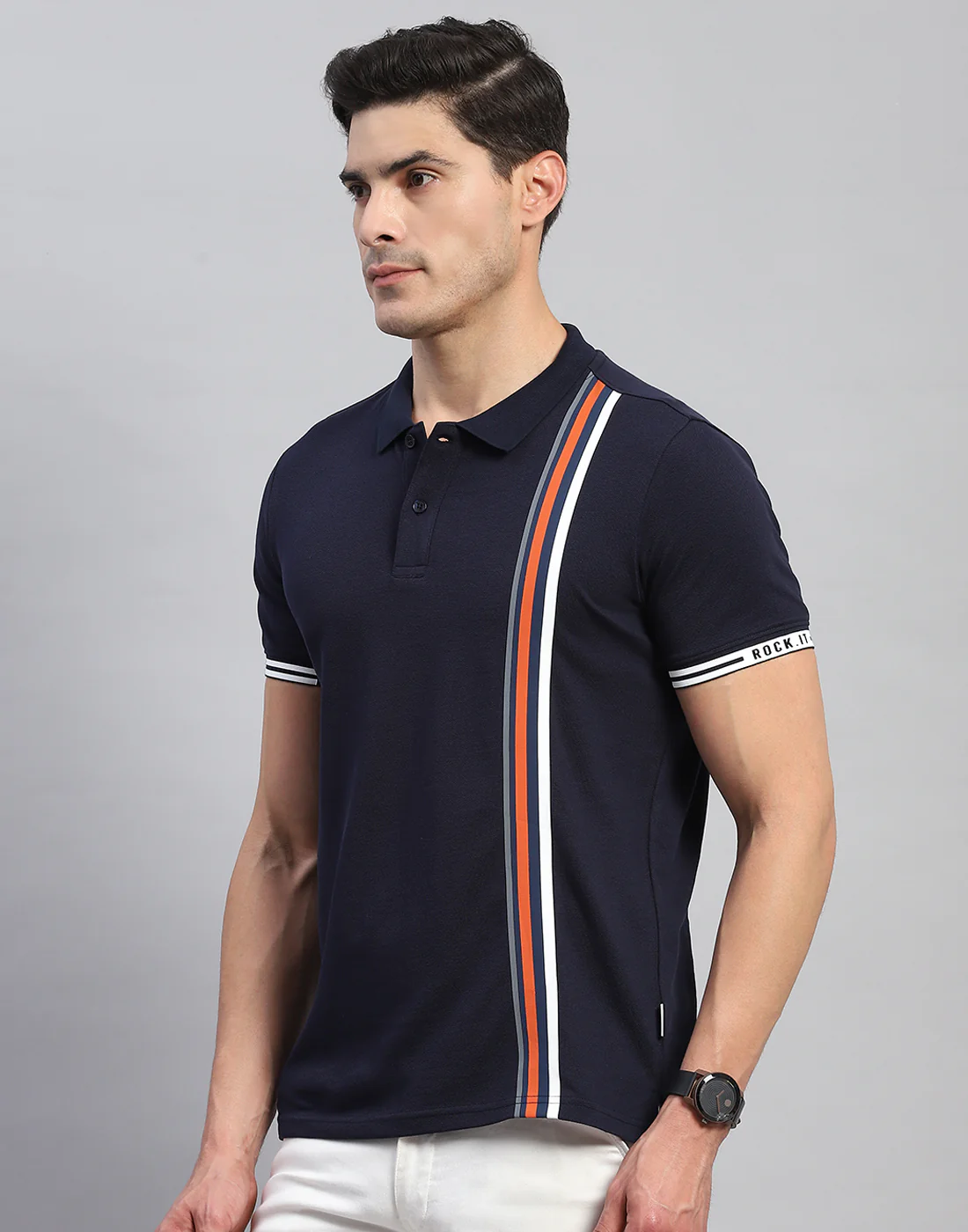 Rock.it Men Navy Blue Stripe Collar Half Sleeve T-Shirt - Image 3