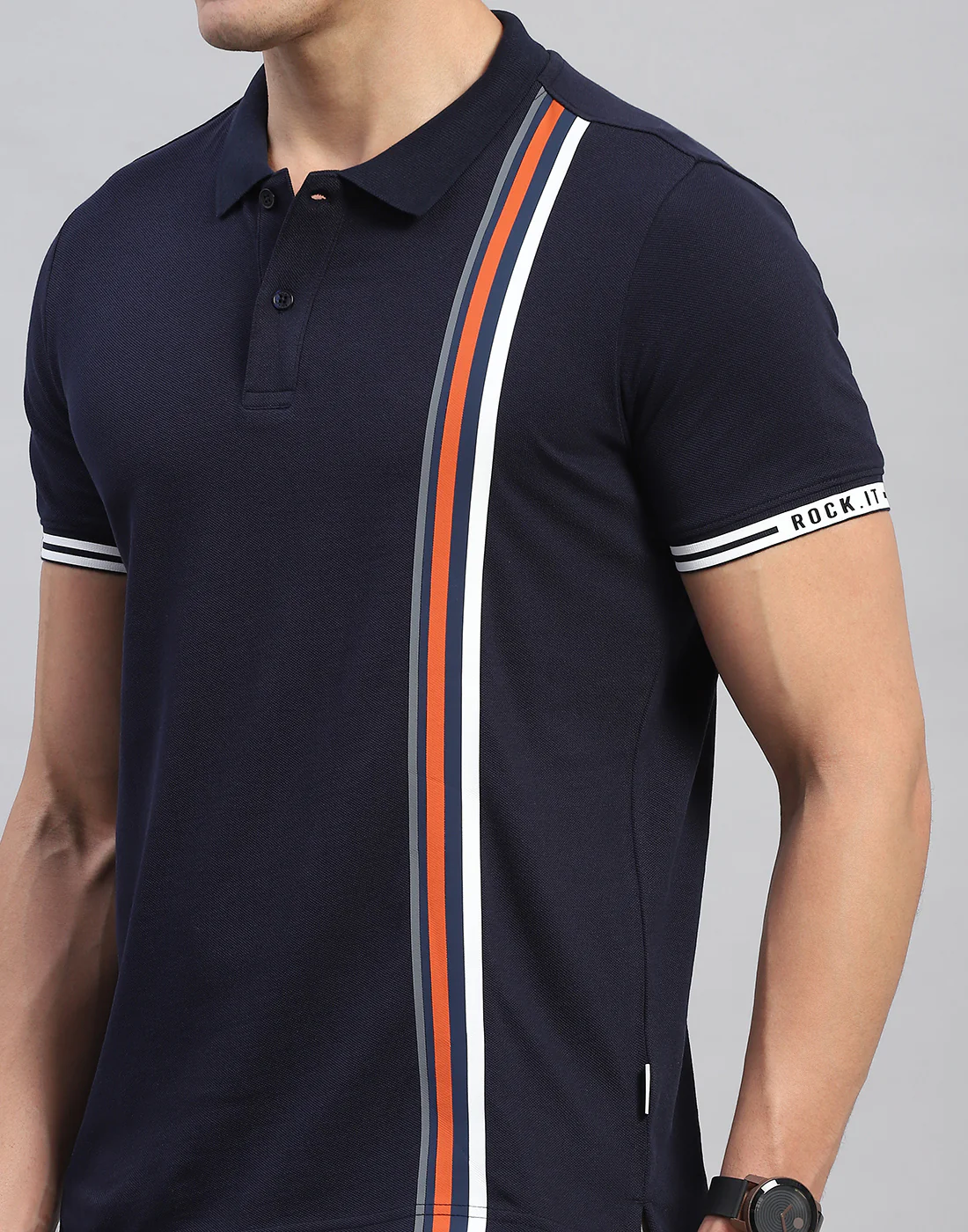 Rock.it Men Navy Blue Stripe Collar Half Sleeve T-Shirt - Image 6