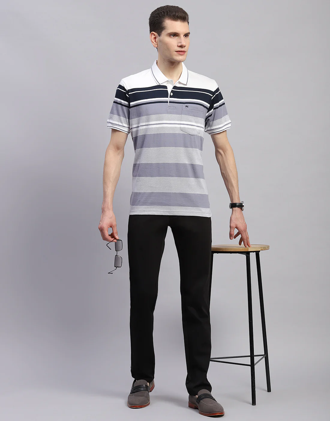 Men Navy Blue Stripe Collar Half Sleeve T-Shirt - Image 2
