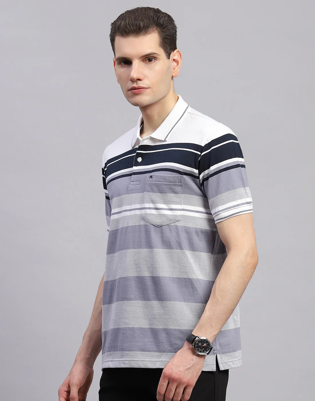Men Navy Blue Stripe Collar Half Sleeve T-Shirt - Image 3