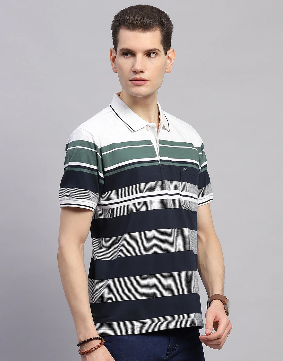 Men Navy Blue Stripe Collar Half Sleeve T-Shirt - Image 4