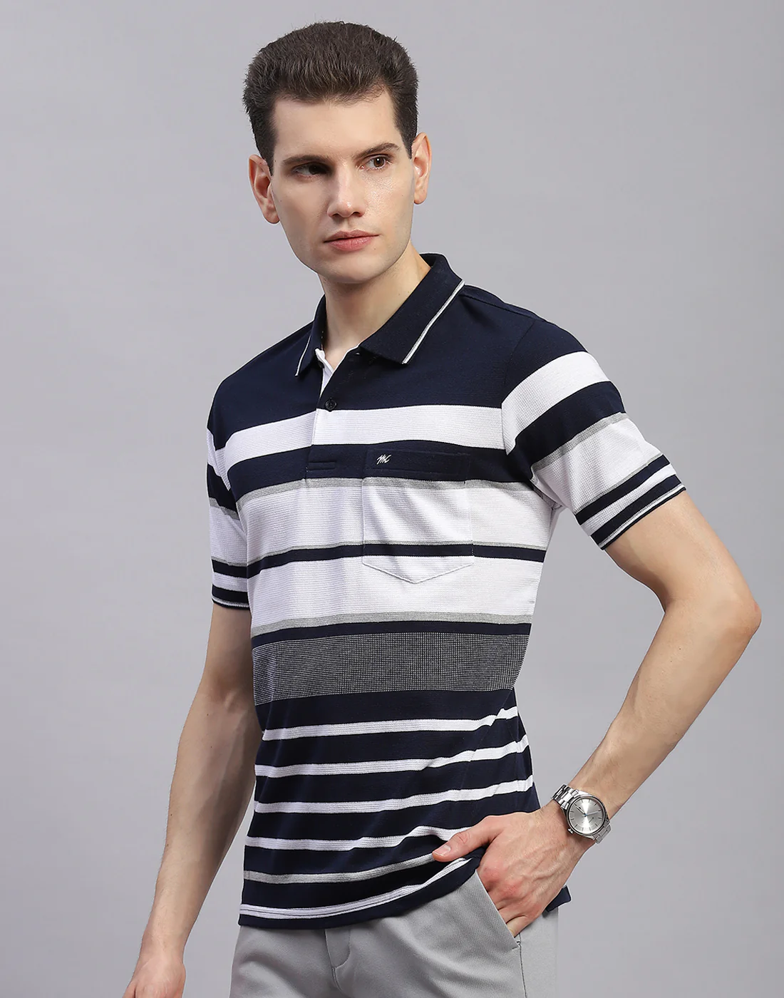 Men Navy Blue Stripe Collar Half Sleeve T-Shirt - Image 3