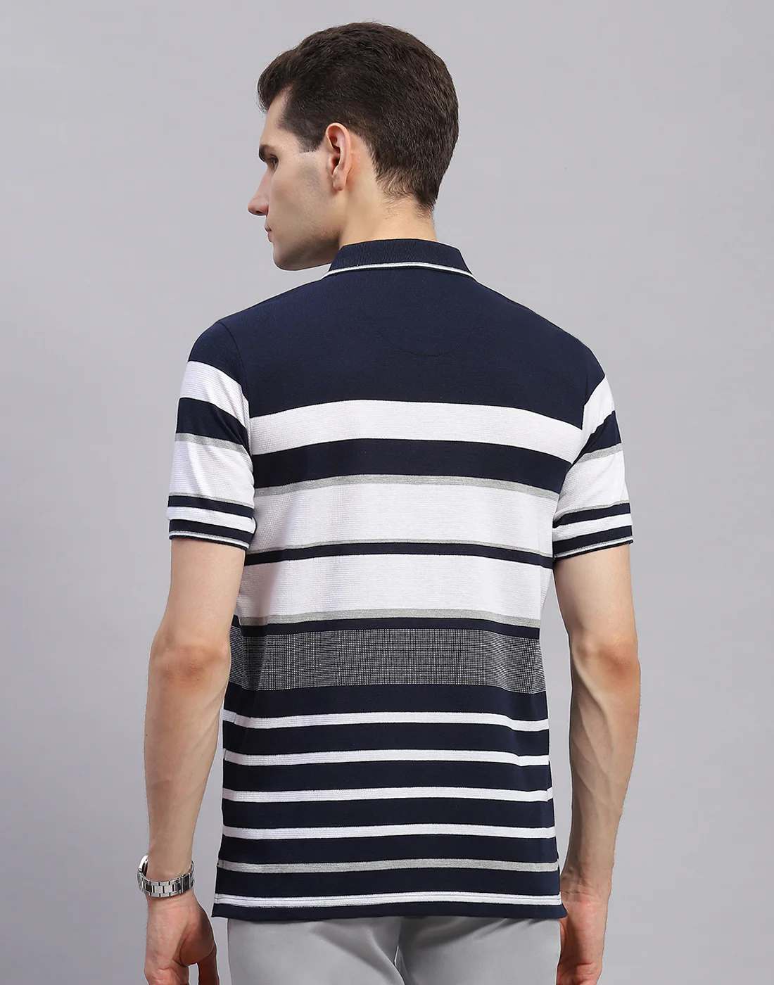 Men Navy Blue Stripe Collar Half Sleeve T-Shirt - Image 5